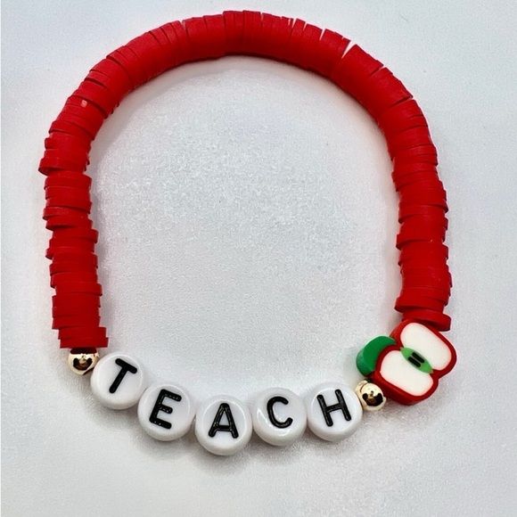 Teach Red Beaded Bracelet with Apple Charm - Picture 1 of 2